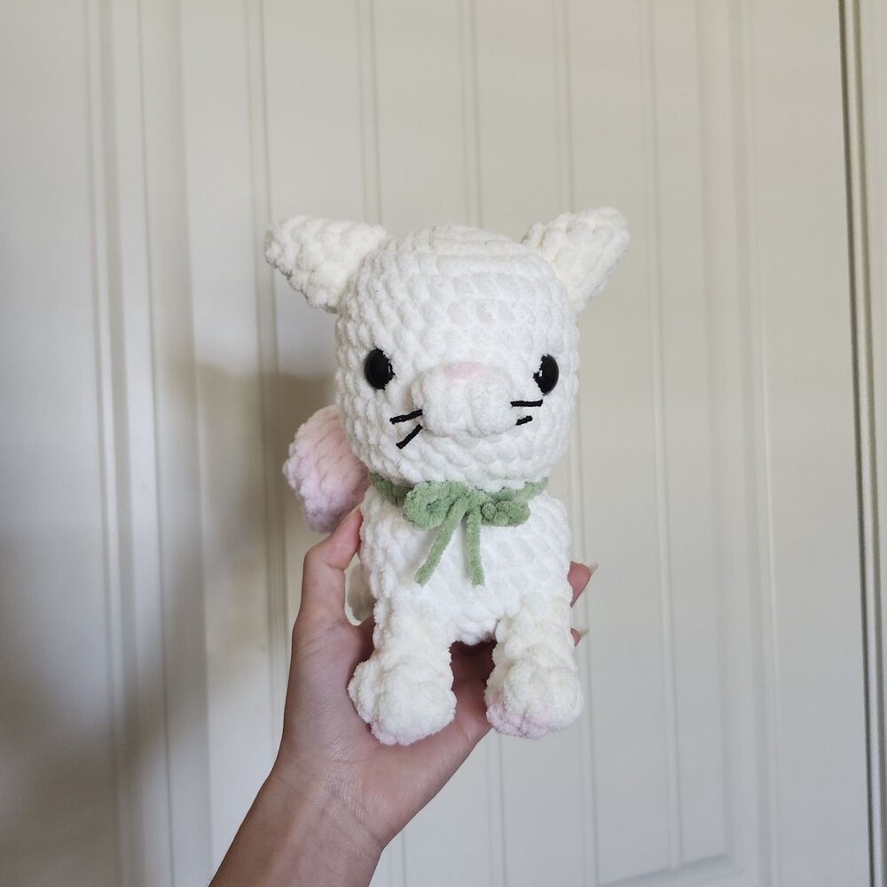 Handmade Crocheted White Cat Plush w/ Pink Tulip Bag
